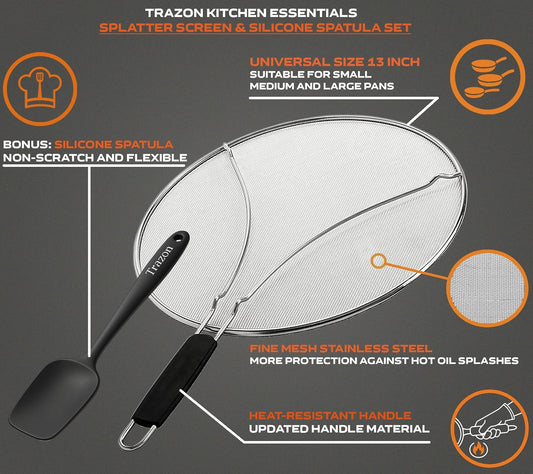 Grease Splatter Screen for Frying Pan 13 inch - Stops 99% of Hot Oil Splash - Protects Skin from Burns - Splatter Guard for Cooking - Iron Skillet Lid Keeps Kitchen Clean, includes Silicone Spatula
