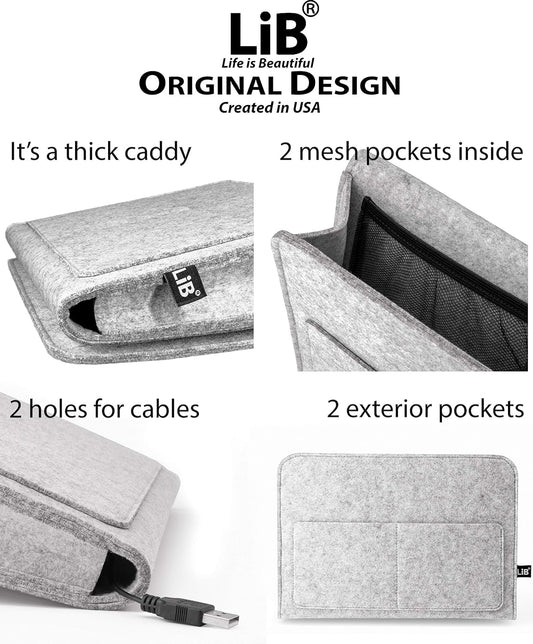 Lib Bedside Caddy, Original Design | Large Size 9.5" x 13.5" | Laptop Holder | 100% Handmade | College Room, Kids Bunk Bed, Hospital Bed | Night Hanging Storage Organizer (Light Gray)