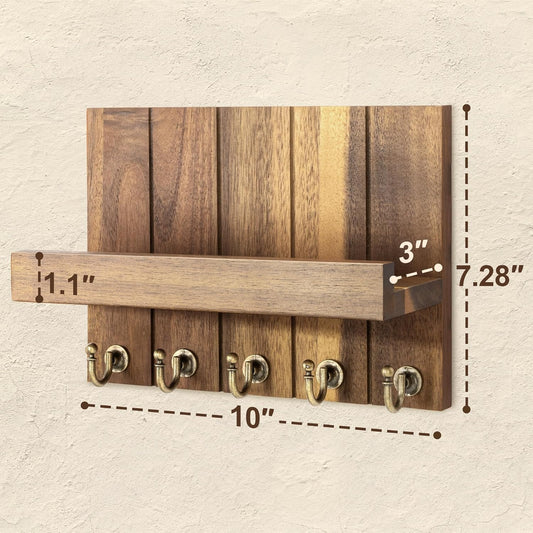 Rebee Vision Key Holder Wall Mount with 5 Key Hooks for Home Decor, Brown | 3.54'' x 10'' x 7.28'', Small Shelf for Display Plant, Key Hangers for Hat, Entryway Space-Saving Storage
