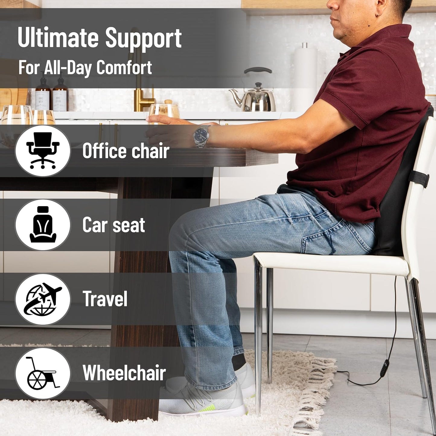 Mind Reader Heated Lumbar Support Cushion with Gentle Heat and Timer, Memory Foam Lower Back Pillow for Office Chair and Home Use, Black