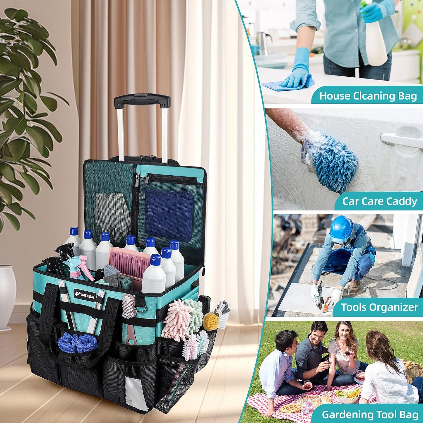 Rolling Cleaning Caddy Bag with Wheels, Large Cleaning Cart Detachable Trolley, Cleaning Bags for Housekeepers With Shoulder Strap & Multi Pockets for Cleaning Tools Storage (Amber Green)