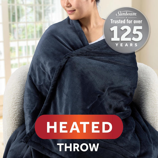 Sunbeam Royal Mink Sherpa Admiral Blue Heated Personal Throw / Blanket, Cozy-Warm, Adjustable Heat Settings