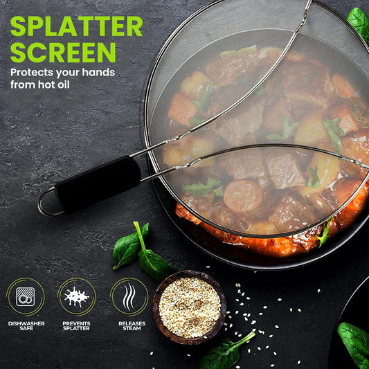 13" Grease Splatter Screen for Cooking | Stainless Steel Oil Splatter Guard and Ultra-Fine Mesh Protects Skin from Burns | TPR Tight-Grip Handle (Grey)