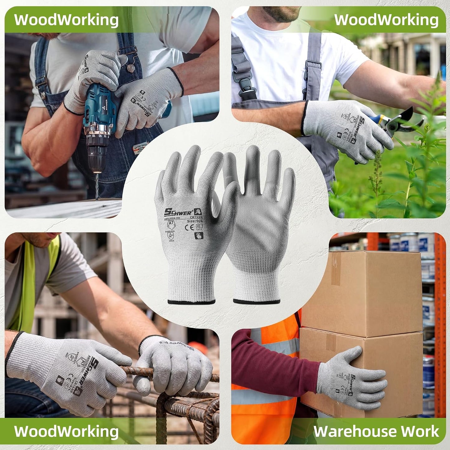 Schwer 3 Pairs A6/A7 (Send Randomly) Cut Resistant Work Gloves, CR7120, L | PU Coated, Non-Slip, Touchscreen, Used for Woodworking, Glass Cutting, Construction, Cargo Handling, Mechanical Maintenance