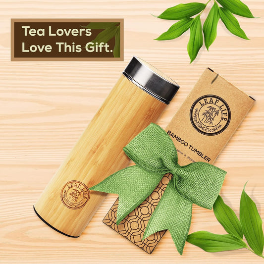 LeafLife Premium Bamboo Tea Tumbler with Infuser for Loose Leaf Tea | Insulated Coffee Bottle, Stainless Steel Gift Set, Leakproof Travel Mug, 17oz