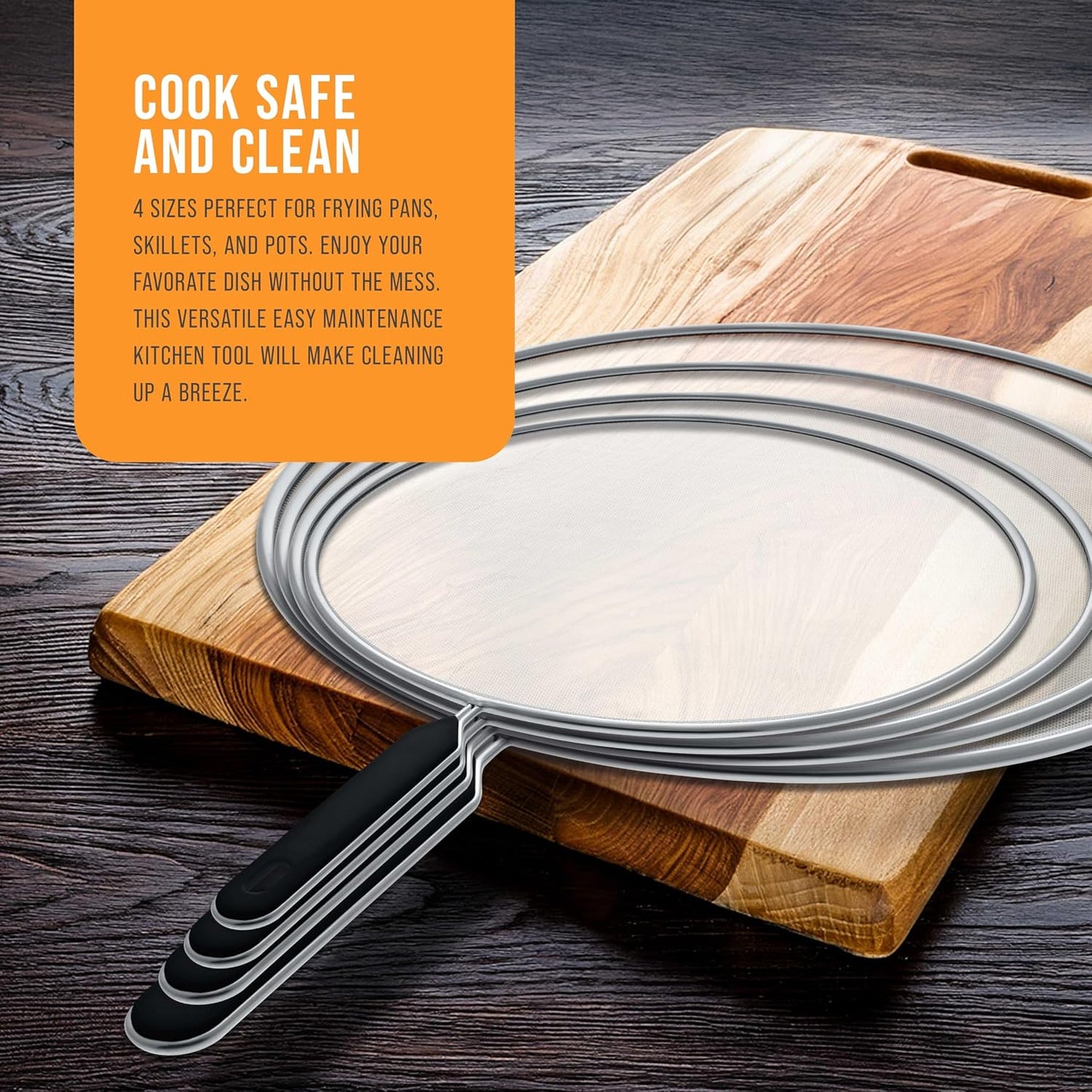 U.S. Kitchen Supply 4-Piece Stainless Steel Splatter Guard Set (13", 11.5", 10",8”) Fine Mesh Cover, Grease & Oil, Splatter Screen for Frying Pan, Cooking Pots, with Comfort Grip Handles