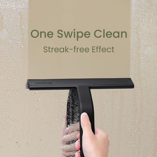 JustHang Shower Squeegee with Built-in Hook, 10-Inch Black | Award-Winning Design, All-One-Piece Soft-Touch Silicone, for Glass Door, Bathroom, Window, Mirror, Tile Wall, Car