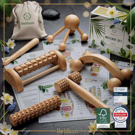 Wooden Massage Set 6 Pcs – Wood Therapy & Trigger Point Tools | Dermatest "excellent", FSC 100% wood, foot roller, back & body massager, incl. reflexology charts & cotton bag