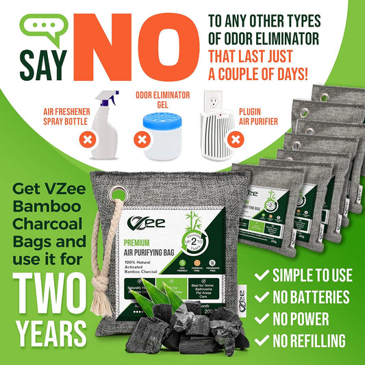 8 XL Bags x 200g Bamboo Charcoal Odor Absorber (1,600g Total),Activated Charcoal Air Purifying Bag, Odor Eliminator for Home, Basement, Smoke, Mothball, Pet, Car, Closet, Shoes