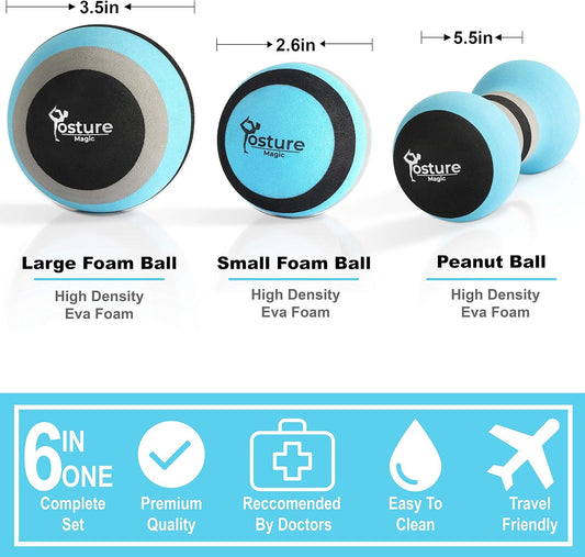 Posture Magic Massage Ball Kit for Myofascial Trigger Point Release & Deep Tissue Massage - Set of 6 - Large Foam/Small Foam/Lacrosse/Peanut/Spiky/Hand Exercise Ball (Purple)
