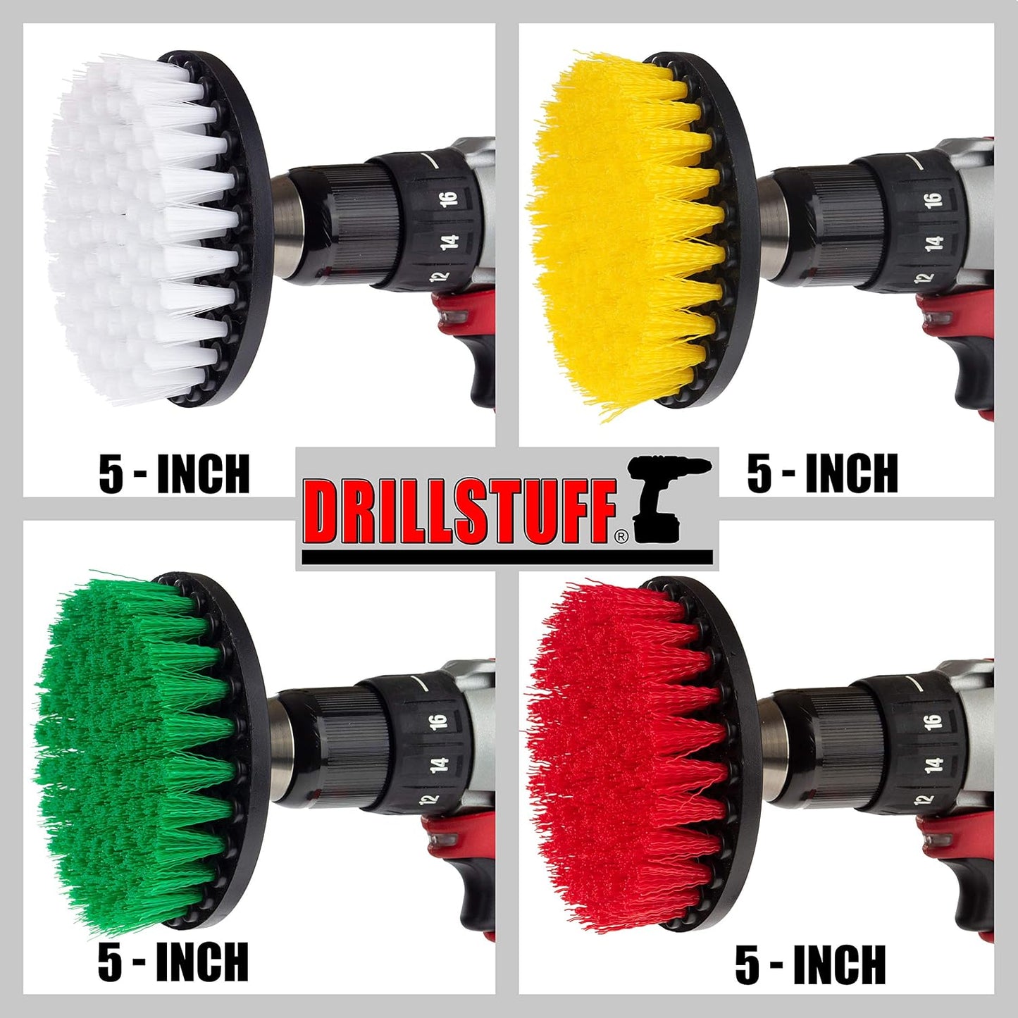 4in Soft, Medium and Stiff Drill Brush Attachment Power Scrubber Brush Set | 4 Piece Power Scrubbing Brushes Drill Attachment Kit - Spin Brushes for Cleaning Showers, Tubs, Bathroom, Tile, Grout, Carpet