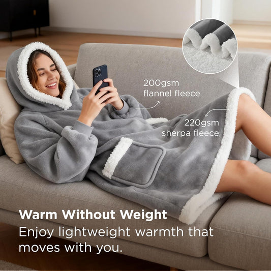 Bedsure Wearable Blanket Sherpa Hoodie Gifts, Sweatshirt, Grey, Standard