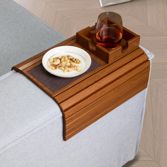 Detor Couch Cup Holder Tray with Super Anti-Slip Pad, Large 4.5" x 4.5" Organizer, Brown-Stained Bamboo Finish, Enhanced Non-Slip Felt Base, Durable Bamboo Slats, Fits Armrests 5.5" and Wider