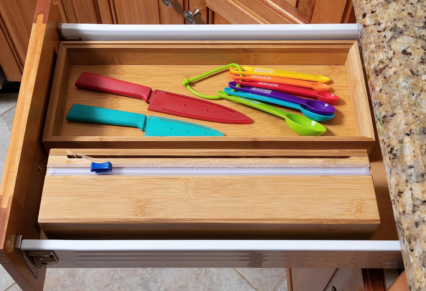 Lipper International Bamboo Wood Kitchen Wrap Dispenser with Cutter for Standard 12" Wide Rolls of Aluminum Foil, Plastic Wrap, or Wax Paper, 13 7/8" x 3 3/8" x 3 1/2"