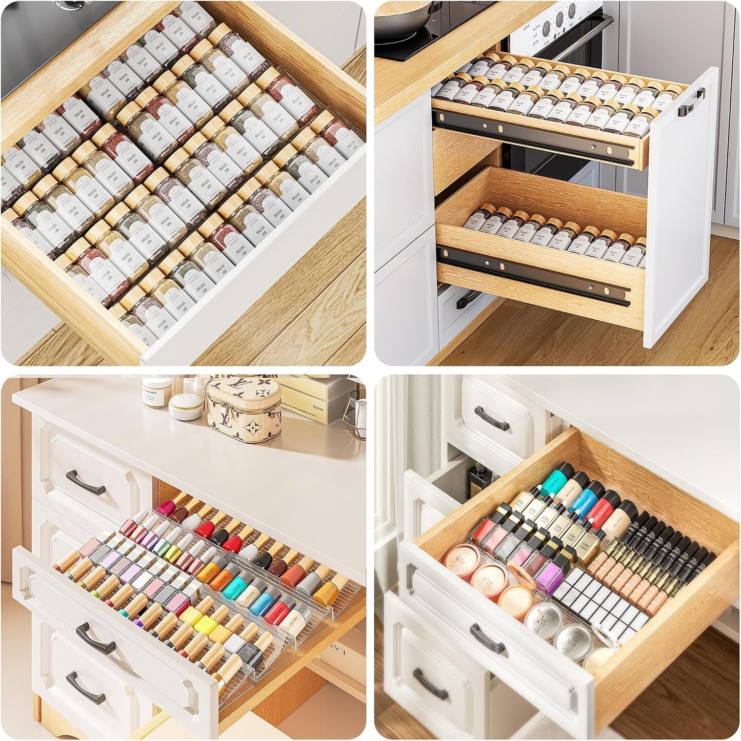 MUDEELA Clear Spice Drawer Organizer, 4 Tier- 2 Set (8 Packs) Spice Rack for Drawer, Expandable From 11" to 22" Kitchen Seasoning Organizers and Storage for Drawer (Jars not included)