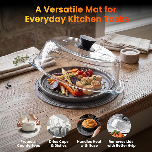 2 in 1 Glass Microwave Splatter Cover,Glass Microwave Cover,10 In | Glass microwave cover for food with vent holes,Easy-grip silicone knob,Doubles as a microwave mat,No plastic
