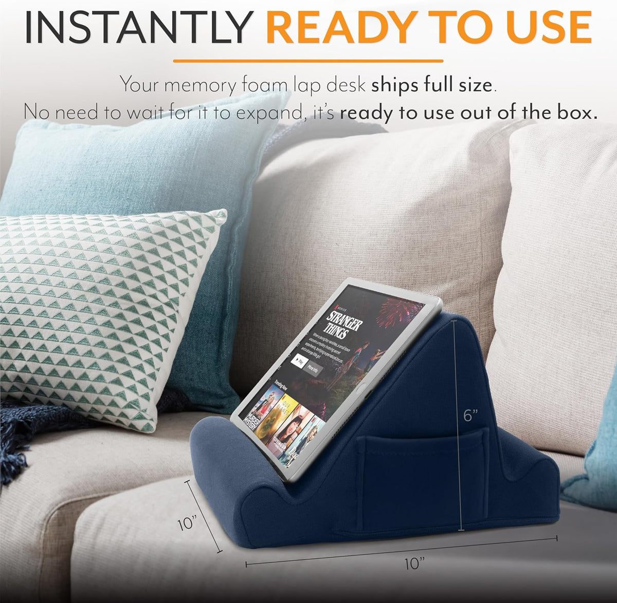 Brookstone Tablet Lap Cushion - Tablet/Phone/Ebook Holder for Bed, Flights, and Travel, Memory Foam Lap Desk for Reading and Hands Free Viewing, Compatible iPad and Kindle Accessories, Grey