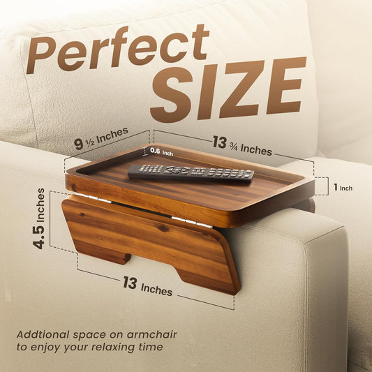 HOLANA 13.75" Acacia Sofa Arm Tray Table, Double Hinge, Natural Wood Color | Solid Acacia Wood, Spacious Surface, Clips Securely with Double-hinge Grip, Foldable & Portable, Multipurpose, No Assembly