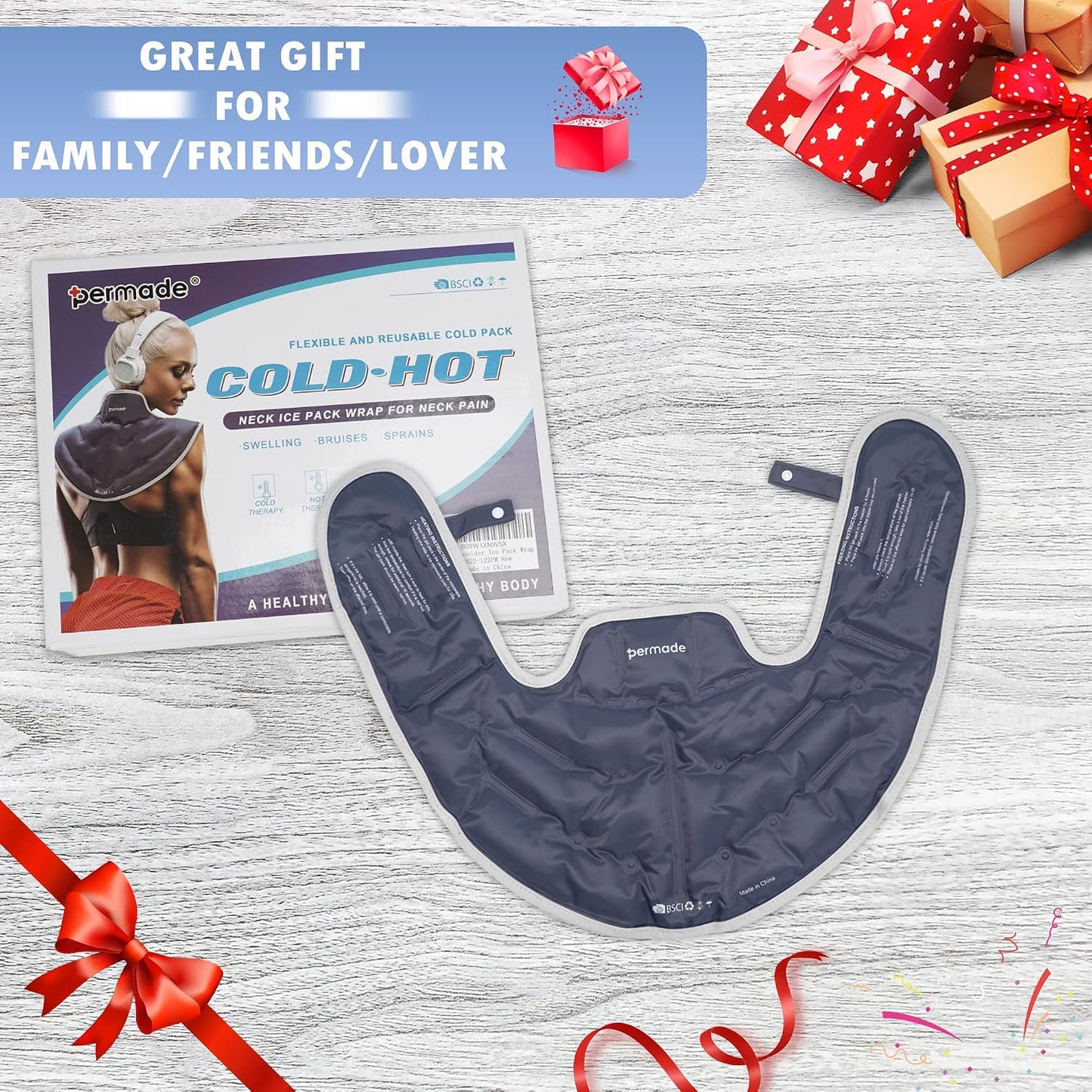 Neck Shoulder Ice Pack, Hot or Cold Therapy Compression Wrap for Neck, Reusable Flexible Gel Ice Pack Wrap for Injuries, Large Upper Back Cold Pack Wrap for Swelling, Bruises, Sprain, Surgery