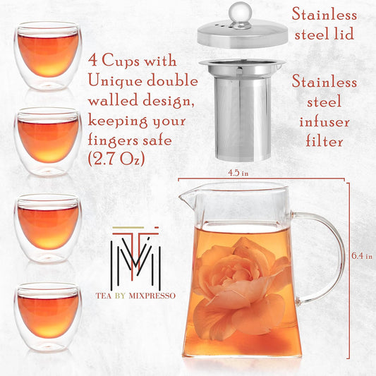 Mixpresso Glass Teapot with Infuser, 33 Oz Tea Set with 4 Double Wall Cups | 5 Piece Stovetop Tea Set for Loose Leaf Tea, Borosilicate Glass Kettle with Removable Stainless Steel Infuser, 4 Cups 2.7oz