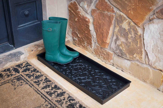 BIRDROCK HOME Rubber Boot Tray | 34 inch Decorative Boot Tray | Waterproof for All Weather Indoor or Outdoor Use | Dog Bowl Tray | Outdoor or Indoor Shoe Mat for Entryway - Shoe Tray with Raised Edge for Boot Storage or Dog Bowl Mat Waterproof Pet Feeding