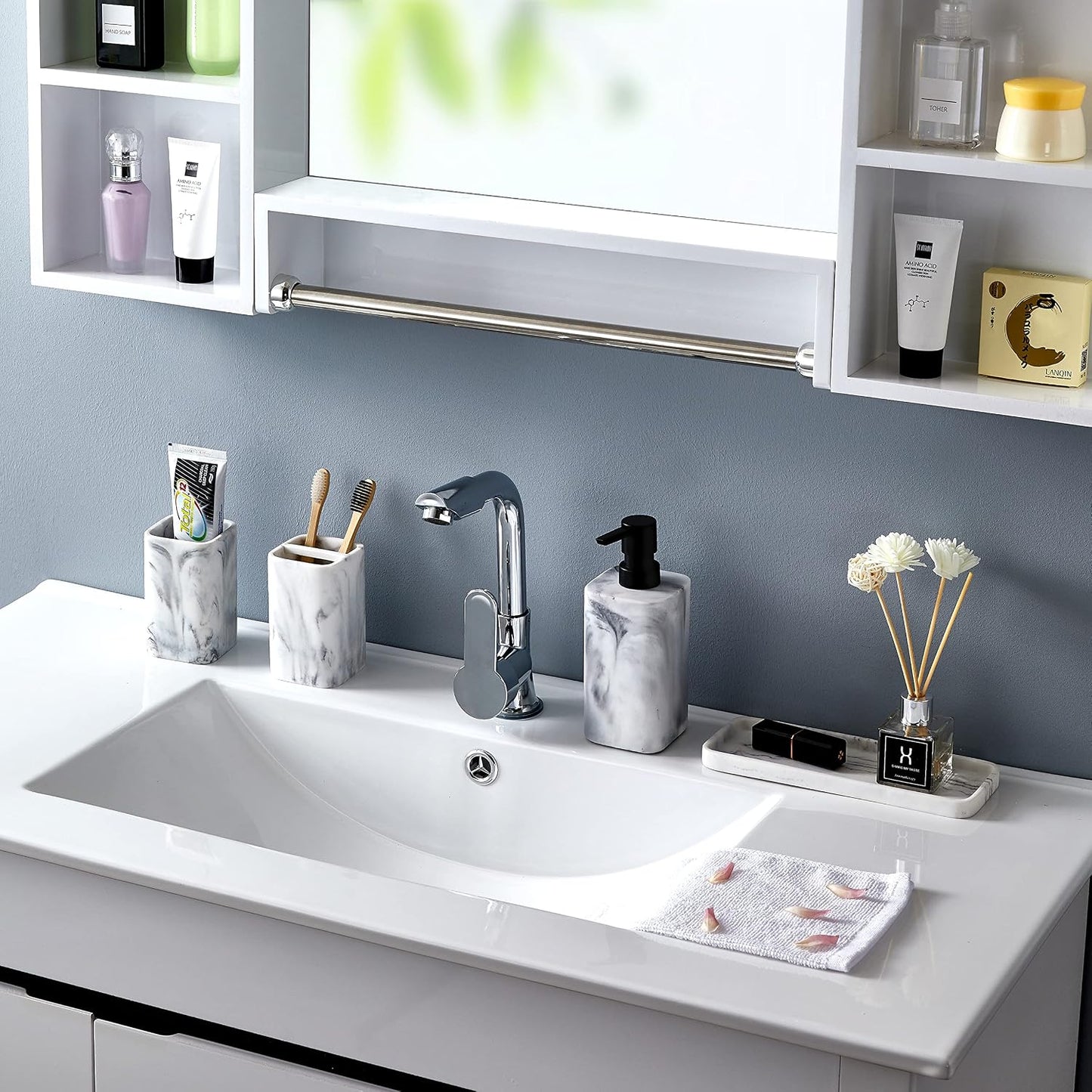 Marble Look Toothbrush Holder for Bathroom Countertop Organizer, Holds Toothpaste, Dental Floss, Razor, Comb, Makeup Brushes, and More, Stylish Bathroom Accessory for Tooth Brushing Essentials