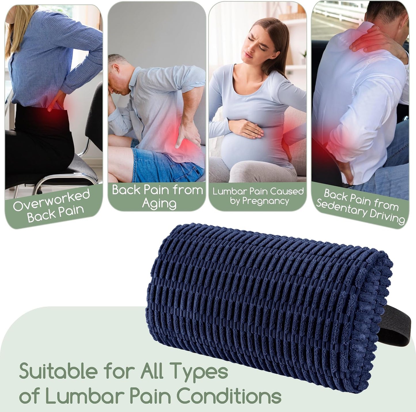 Lumbar Support Pillow for Recliner Chair/Office Chair/Couch, Memory Foam Back Support Cushion with Adjustable Strap, Recliner Cushions for Lower Back Pain Relief, Sleeping, Washable Cover, Navy