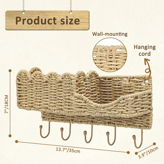 Hook-Woven Wicker Key Holder and Mail Organizer | Natural Paper Rattan Scalloped Wave Design Decorative Wall Mount for Entryway, Living Room, Hallway