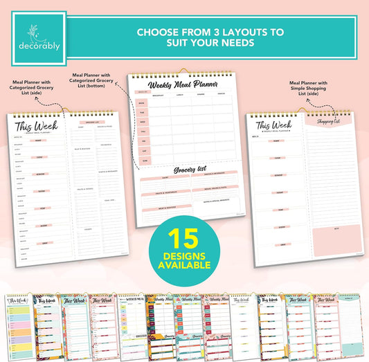 Decorably 52 Sheets Pastel Rainbow Undated Magnetic Weekly Meal Planner | 8.5x11in Grocery List Notepad Meal Planner with 4 Strong Magnets - Spring-Bound, Refrigerator Mountable, Easy Tear-Off Design