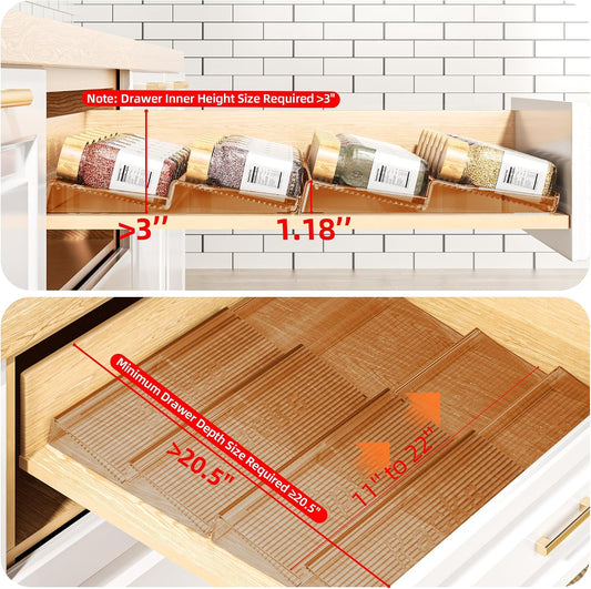 Spice Drawer Organizer, 8 Pack Clear Seasoning Organizer Rack | Expandable From 11" to 22" Wide, Kitchen Spice Rack Organizers for Drawer, Countertop, (Jars Not Included)