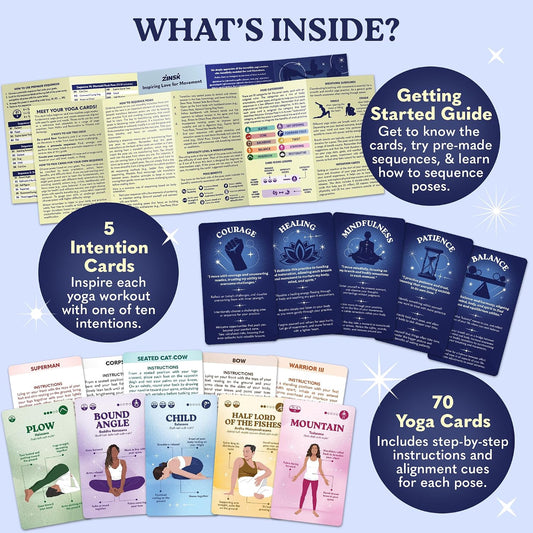 Zinsk 70 Premium Yoga Cards - Pose Flashcards with Beginner Instructions, Difficulty Levels, and Sequences - Deepen Your Practice with Alignment Cues, Modifications, Sanskrit Names & 10 Intentions