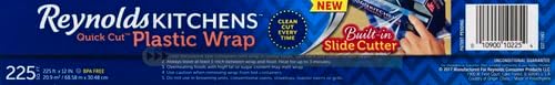 Reynolds Kitchens Clear Plastic Wrap, Built-In Slide Cutter, 225sq ft | Plastic Cling Wrap for Food Storage, Seals in Freshness, Clean Cut Every Time, Ideal For Leftovers, BPA-Free, 12 in x 225 ft