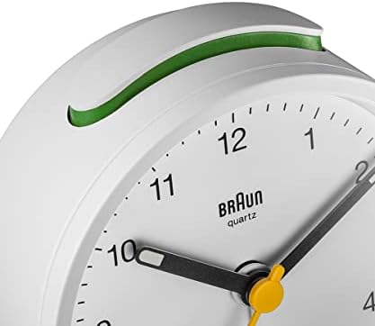 Braun Classic Analogue Alarm Clock with Snooze and Light, Quiet Quartz Movement, Crescendo Beep Alarm in White, Model BC12W.