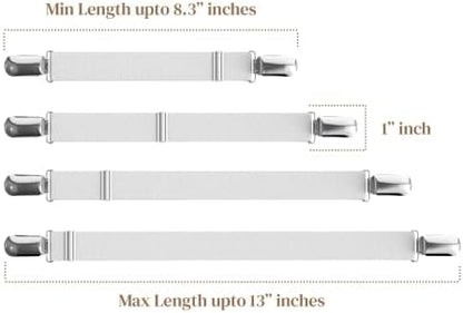 FeelAtHome Adjustable Bed Sheet Clips & Corner Fasteners, 4 Pack, White | Heavy Duty Elastic Straps Keep Fitted Sheets Securely in Place. Ideal Corner Holders for Twin, Queen, King, RV & Bunk Beds