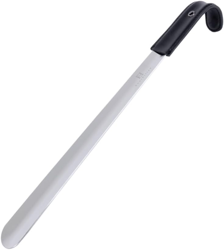 FootFitter 1.8mm Extra Thick Stainless Steel Long Shoe Horn Heavy‑Duty | Reinforced Stainless Steel Design with Leather Grip Handle for Powerful Heel Control, Extended Comfort & Daily Stability