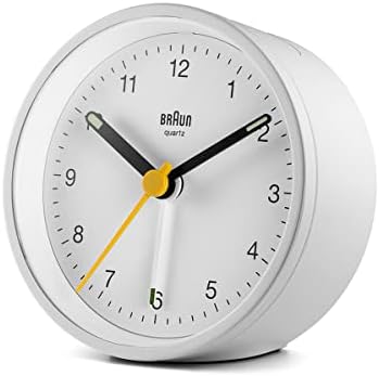 Braun Classic Analogue Alarm Clock with Snooze and Light, Quiet Quartz Movement, Crescendo Beep Alarm in White, Model BC12W.