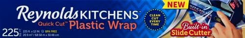 Reynolds Kitchens Clear Plastic Wrap, Built-In Slide Cutter, 225sq ft | Plastic Cling Wrap for Food Storage, Seals in Freshness, Clean Cut Every Time, Ideal For Leftovers, BPA-Free, 12 in x 225 ft