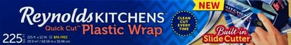 Reynolds Kitchens Clear Plastic Wrap, Built-In Slide Cutter, 225sq ft | Plastic Cling Wrap for Food Storage, Seals in Freshness, Clean Cut Every Time, Ideal For Leftovers, BPA-Free, 12 in x 225 ft