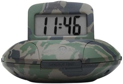 Sonic Alert Digital Alarm Clock - Small Travel Clocks for Heavy Sleepers - Battery Operated with Vibrating Bed Shaker - Green Camo