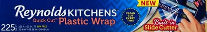 Reynolds Kitchens Clear Plastic Wrap, Built-In Slide Cutter, 225sq ft | Plastic Cling Wrap for Food Storage, Seals in Freshness, Clean Cut Every Time, Ideal For Leftovers, BPA-Free, 12 in x 225 ft