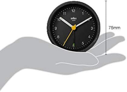 Braun Classic Analogue Alarm Clock with Snooze and Light, Quiet Quartz Movement, Crescendo Beep Alarm in Black, Model BC12B.