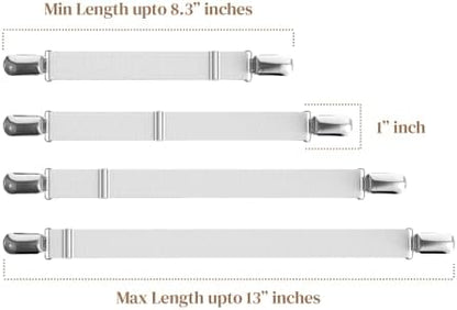 FeelAtHome Adjustable Bed Sheet Clips & Corner Fasteners, 4 Pack, White | Heavy Duty Elastic Straps Keep Fitted Sheets Securely in Place. Ideal Corner Holders for Twin, Queen, King, RV & Bunk Beds