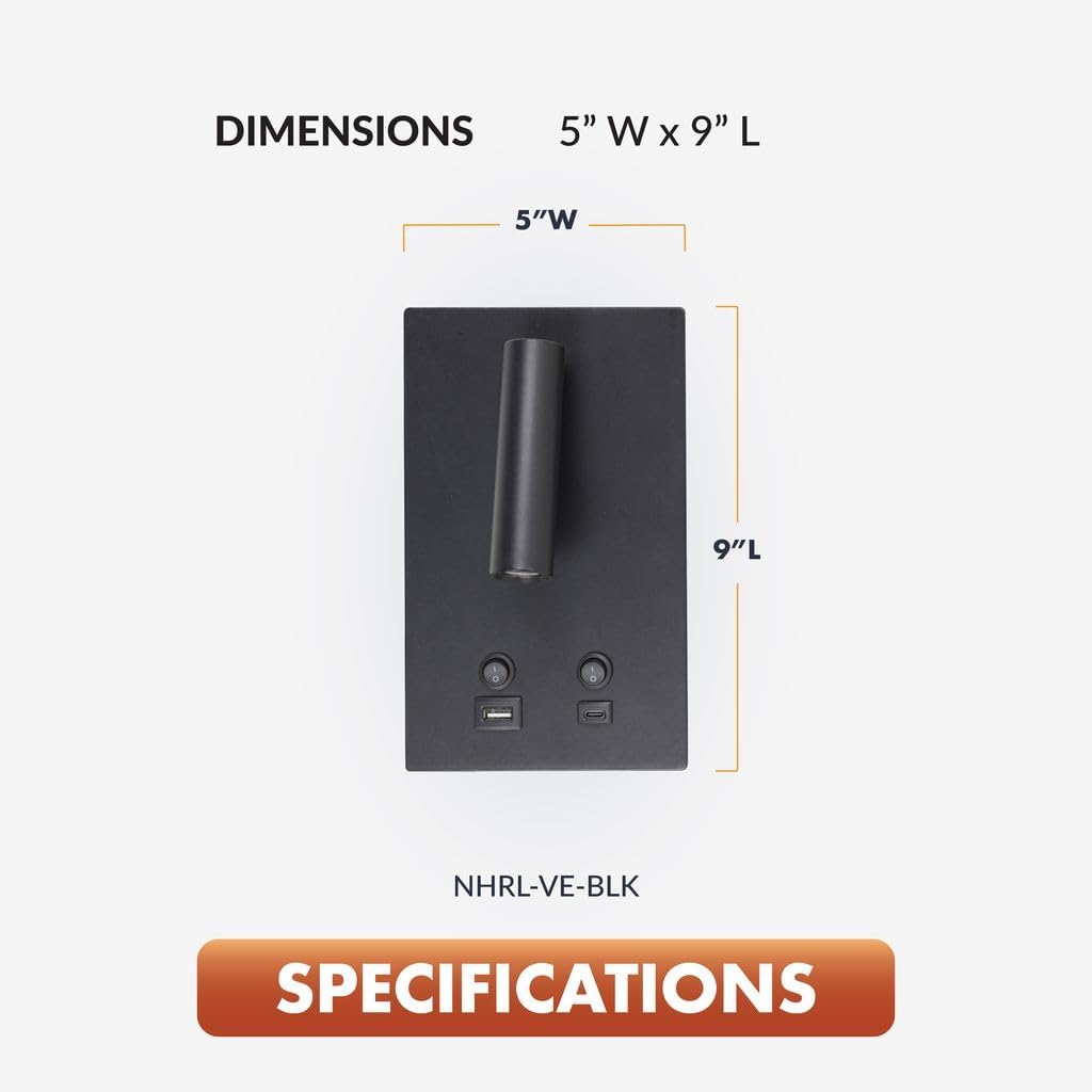 Newhouse Lighting 4.5 in. W x 15 in. H Cole Gooseneck Reading Light in Matte Black with USB-A and USB-C Charging Ports NHRL-CO-BLK, Bedside Lamp for Nightstands, Space-Saving Office Desk Accessory