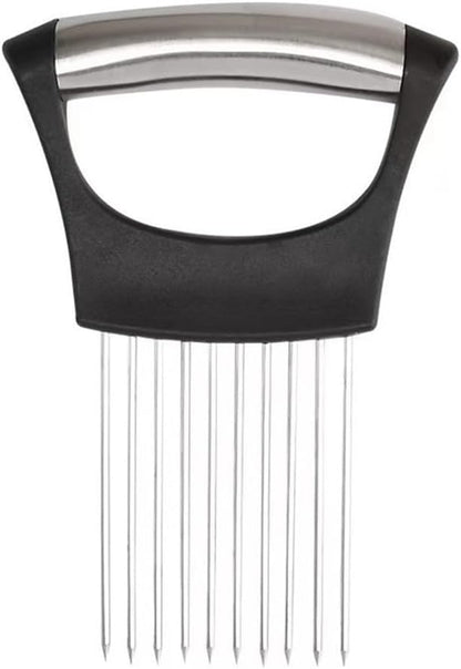 2Pcs onion slicer， Kitchen Prong Slicer for Vegetables and Meat, Stainless Steel Tines with Safety Handle, Black (2)
