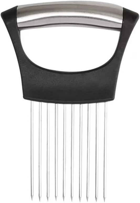 2Pcs onion slicer， Kitchen Prong Slicer for Vegetables and Meat, Stainless Steel Tines with Safety Handle, Black (2)