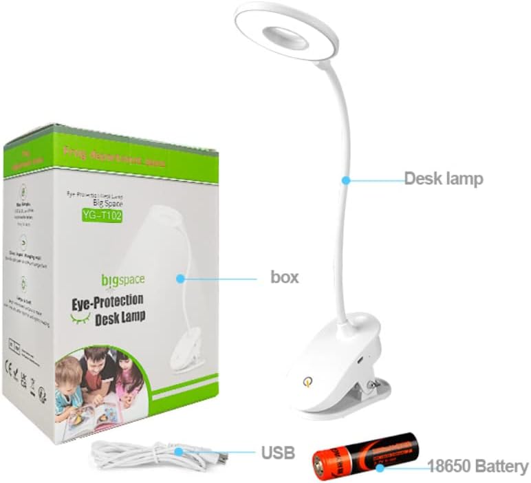 Clip on Reading Lamp, Battery Powered with 3 Brightness Levels, USB Rechargeable