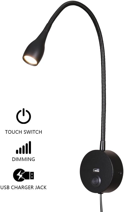 LED Reading Lamp 3W Warm White 3000K for Reading Books Black Plug Cord 2PCS (RS032)
