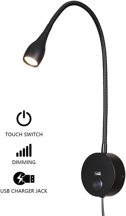LED Reading Lamp 3W Warm White 3000K for Reading Books Black Plug Cord 2PCS (RS032)
