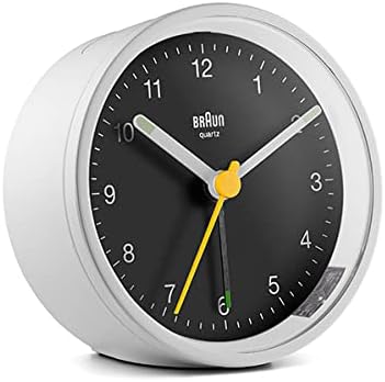 Braun Classic Analogue Alarm Clock with Snooze and Light, Quiet Quartz Movement, Crescendo Beep Alarm in White, Model BC12W.