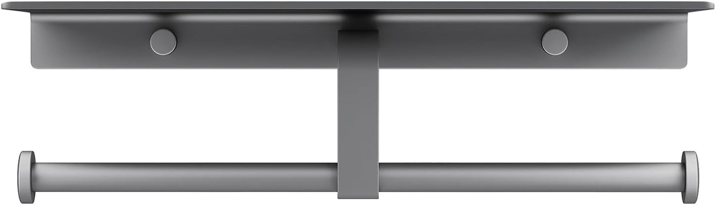 Matte Black Toilet Paper Holder with Shelf, Wall-Mounted Bathroom Organizer, Double Roll